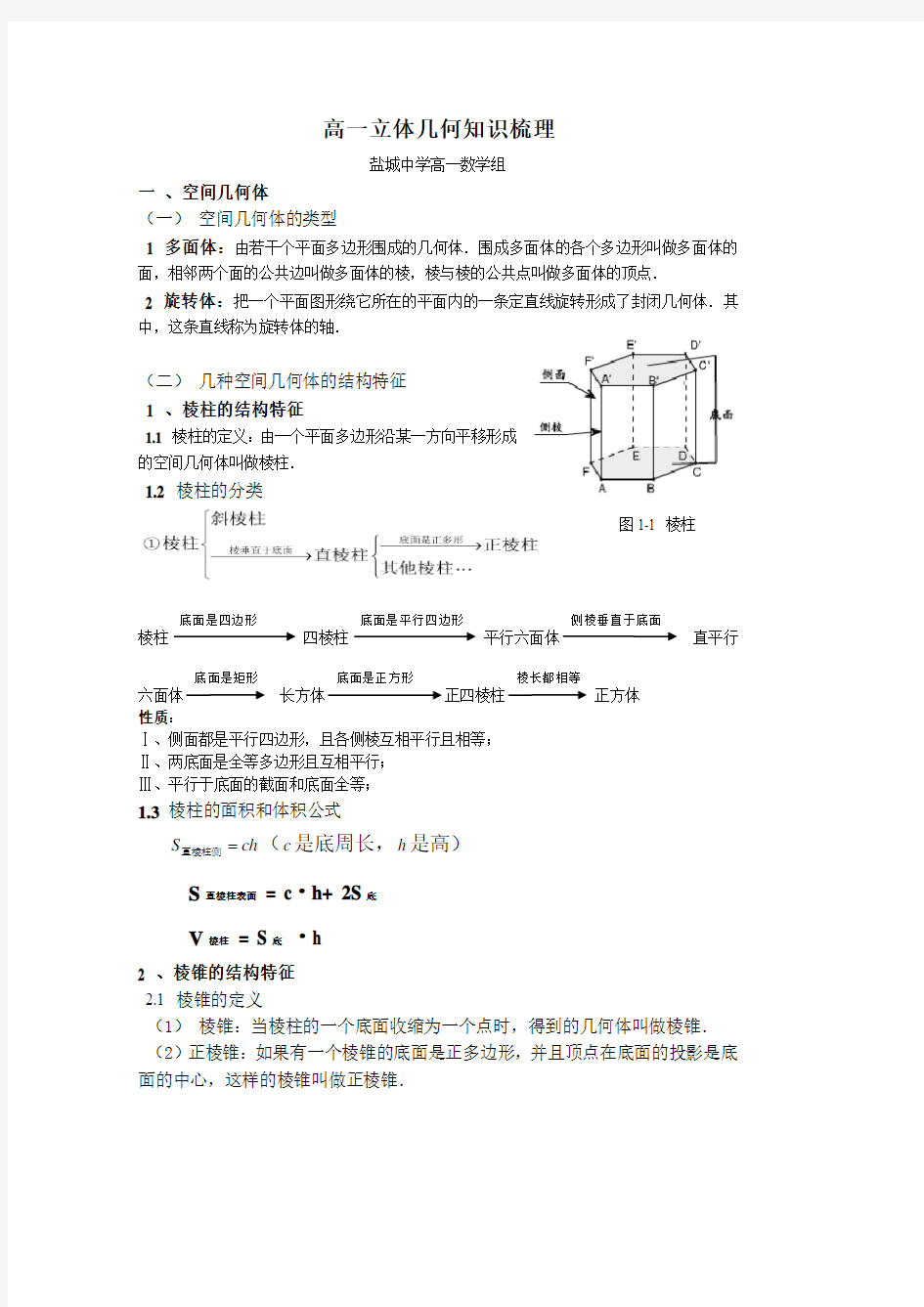 【全国百强校】江苏省盐城中学高中数学苏教版必修2立体几何知识点总结