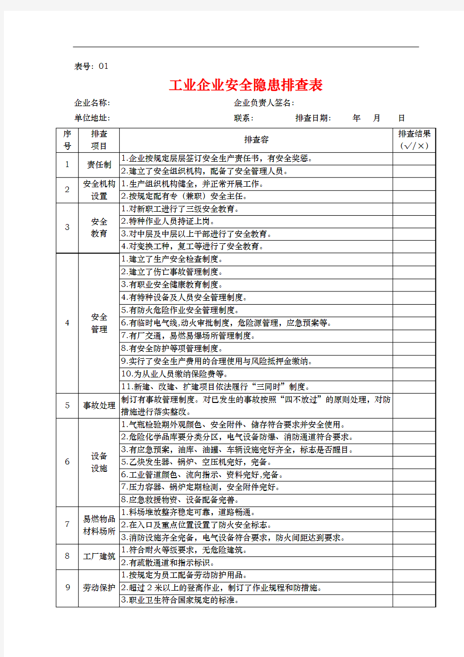 企业安全隐患排查表汇总