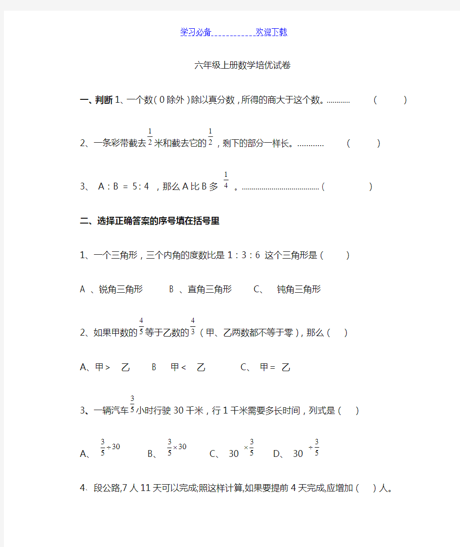 六年级上册数学培优试题