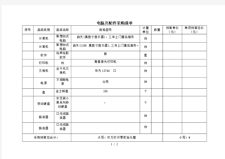 电脑及配件采购清单