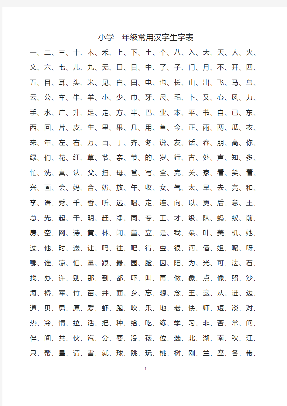 小学1-6年级常用汉字生字表,A4打印版