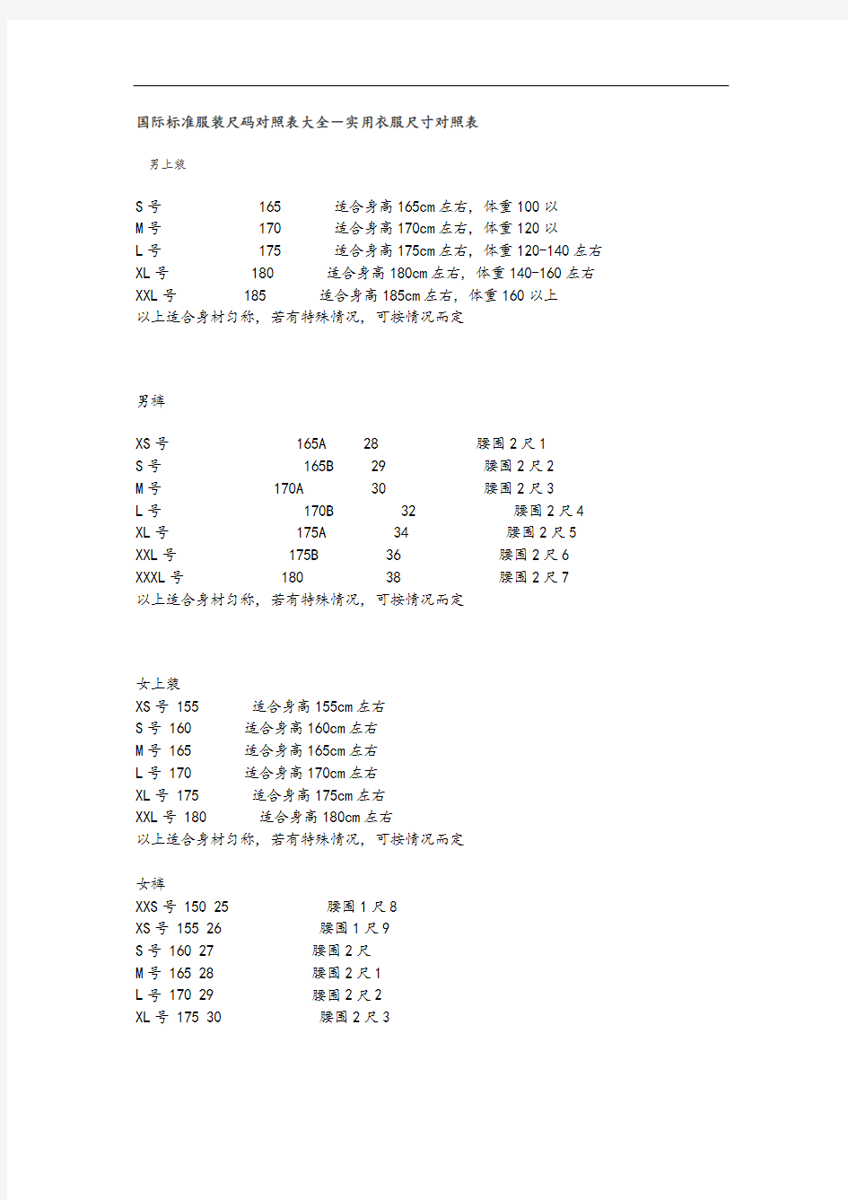 国际实用标准化服装尺码对照表格大全-实用衣服尺寸对照表格