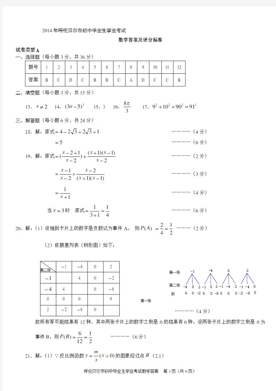 2014年中考数学答案