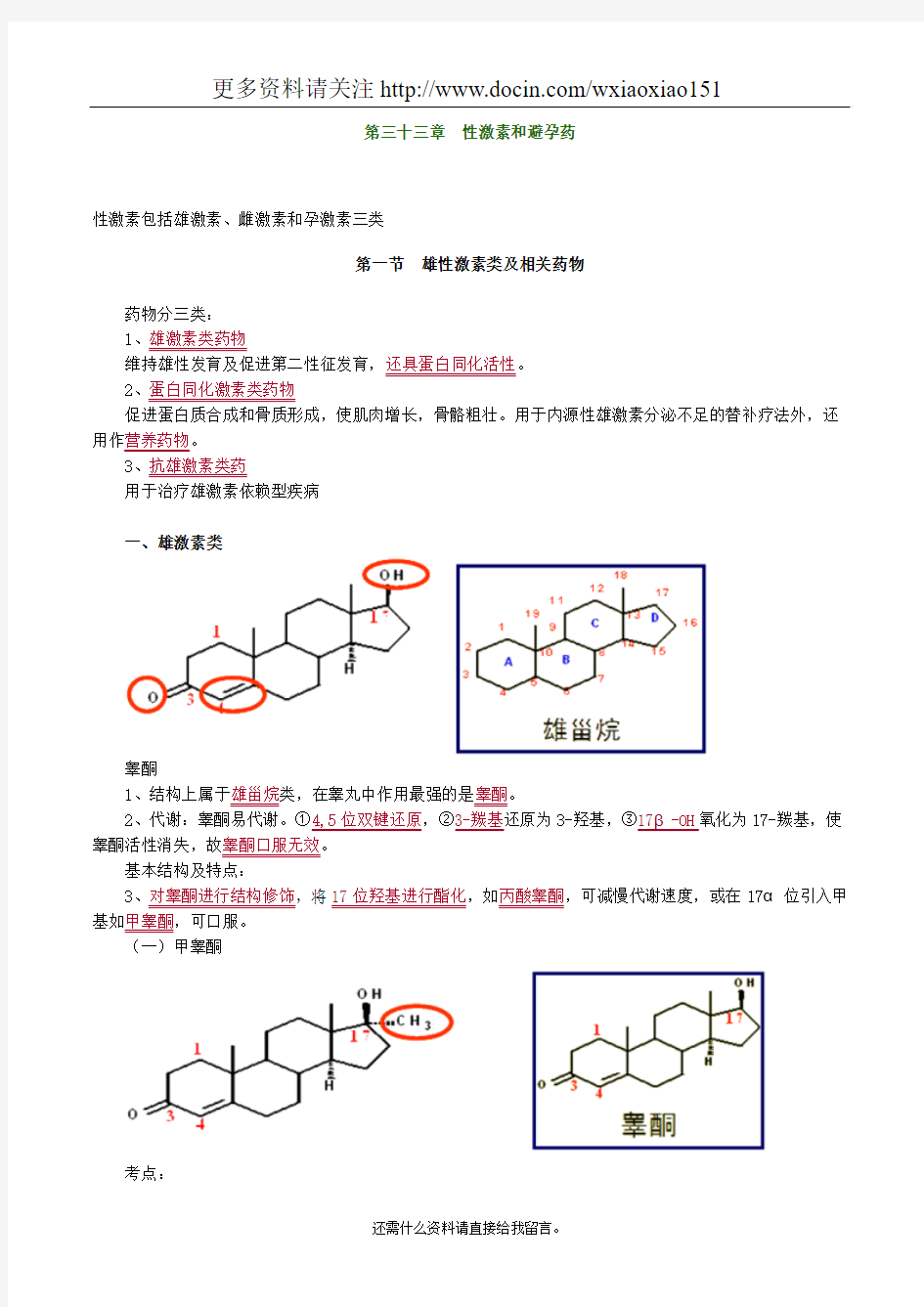 药物化学性激素和避孕药考点归纳