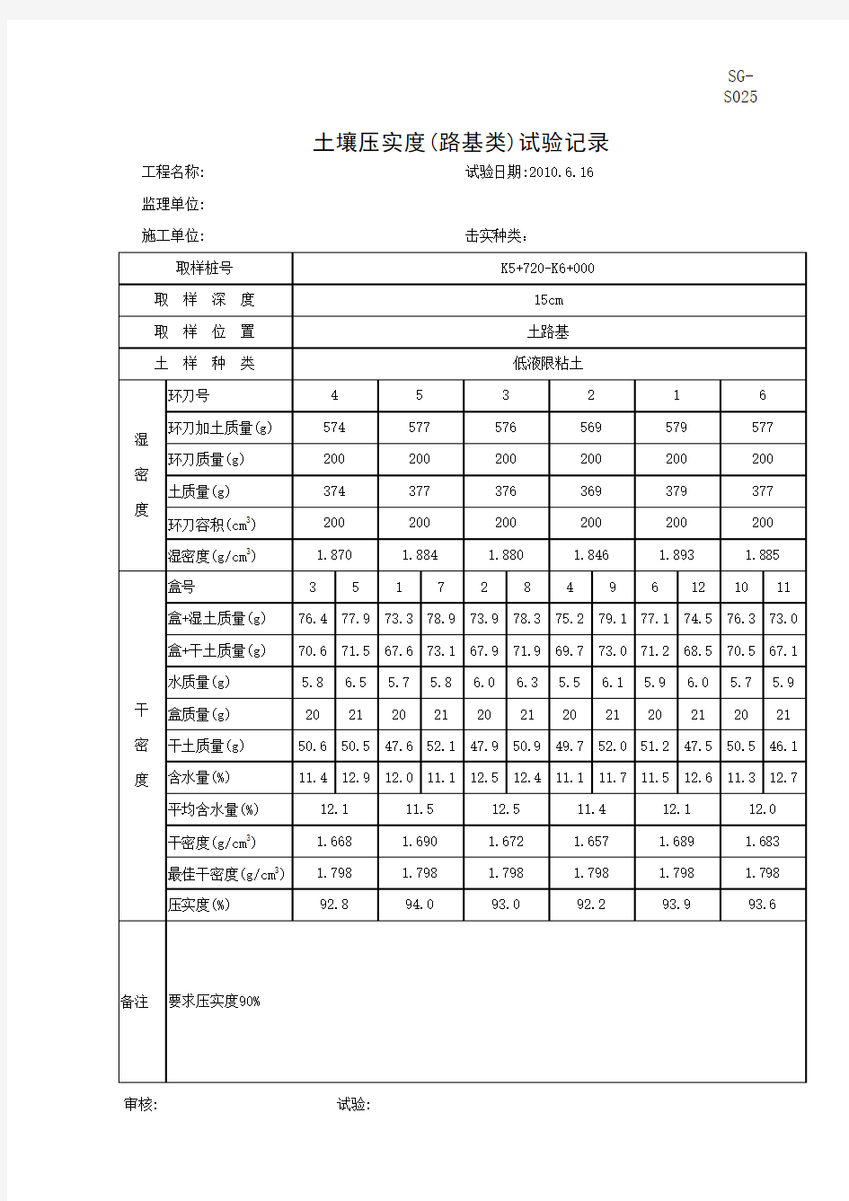 压实度(环刀法)检测报告自动计算版