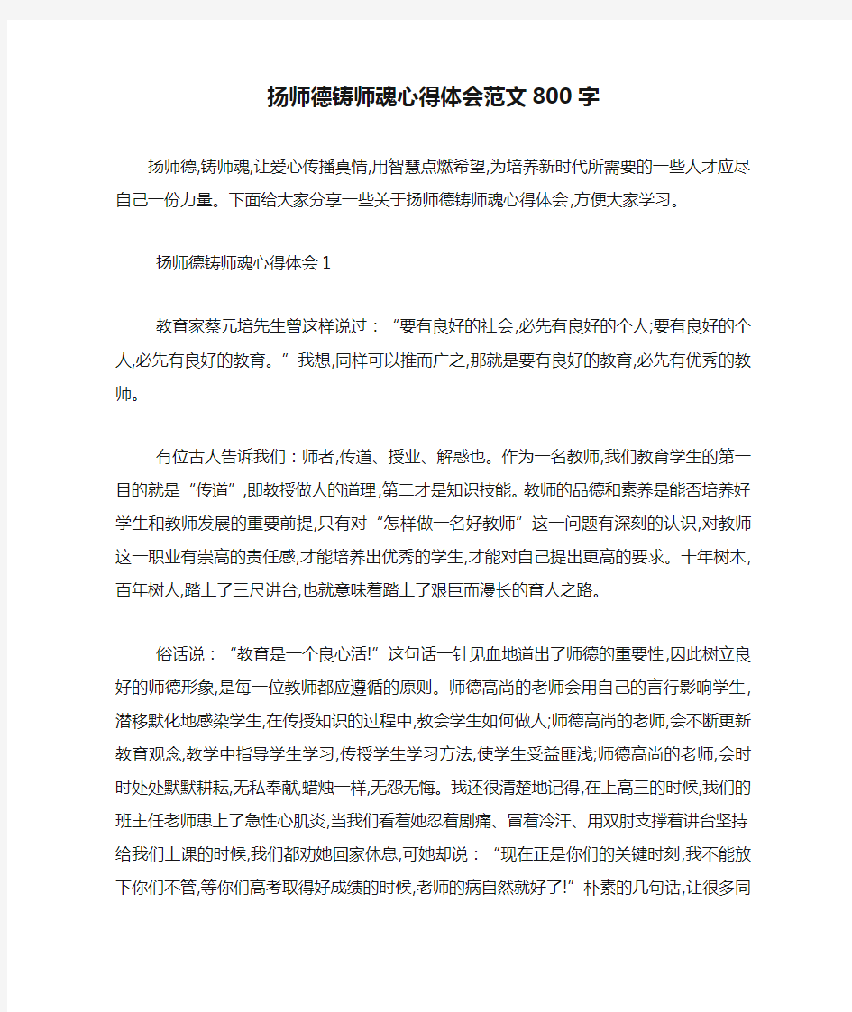 最新扬师德铸师魂心得体会范文800字