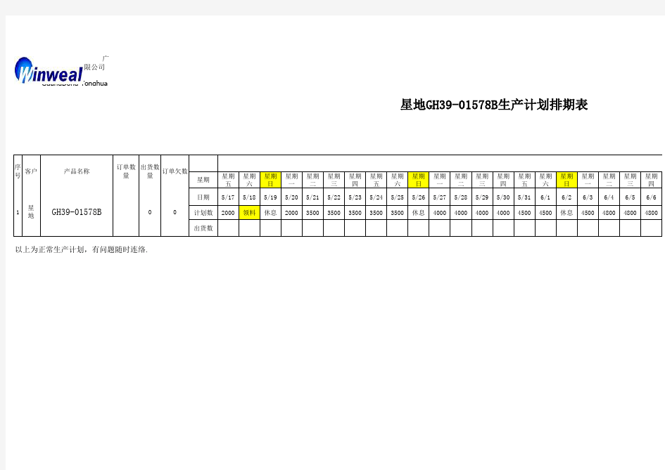 星地GH39-01578B生产计划排期表