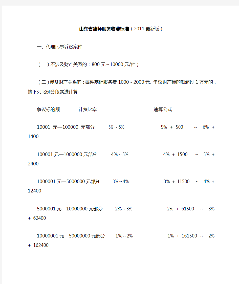 山东省律师服务收费标准(2011最新版)