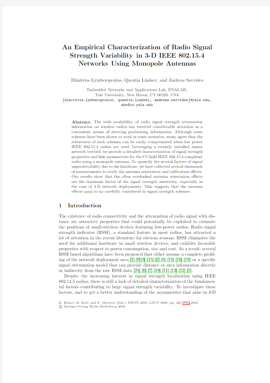 An Empirical Characterization of Radio Signal Strength Variability in 3-D IEEE 802.15.4 Net