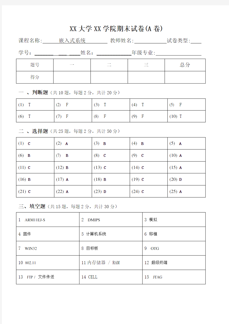 嵌入式系统试卷(附答案)