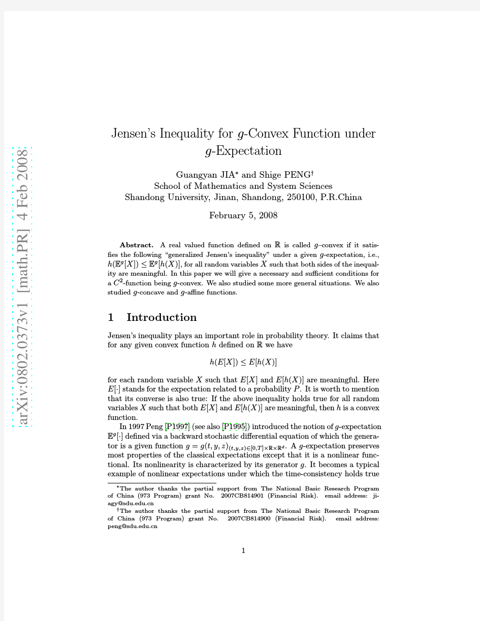 Jensen's Inequality for g-Convex Function under g-Expectation