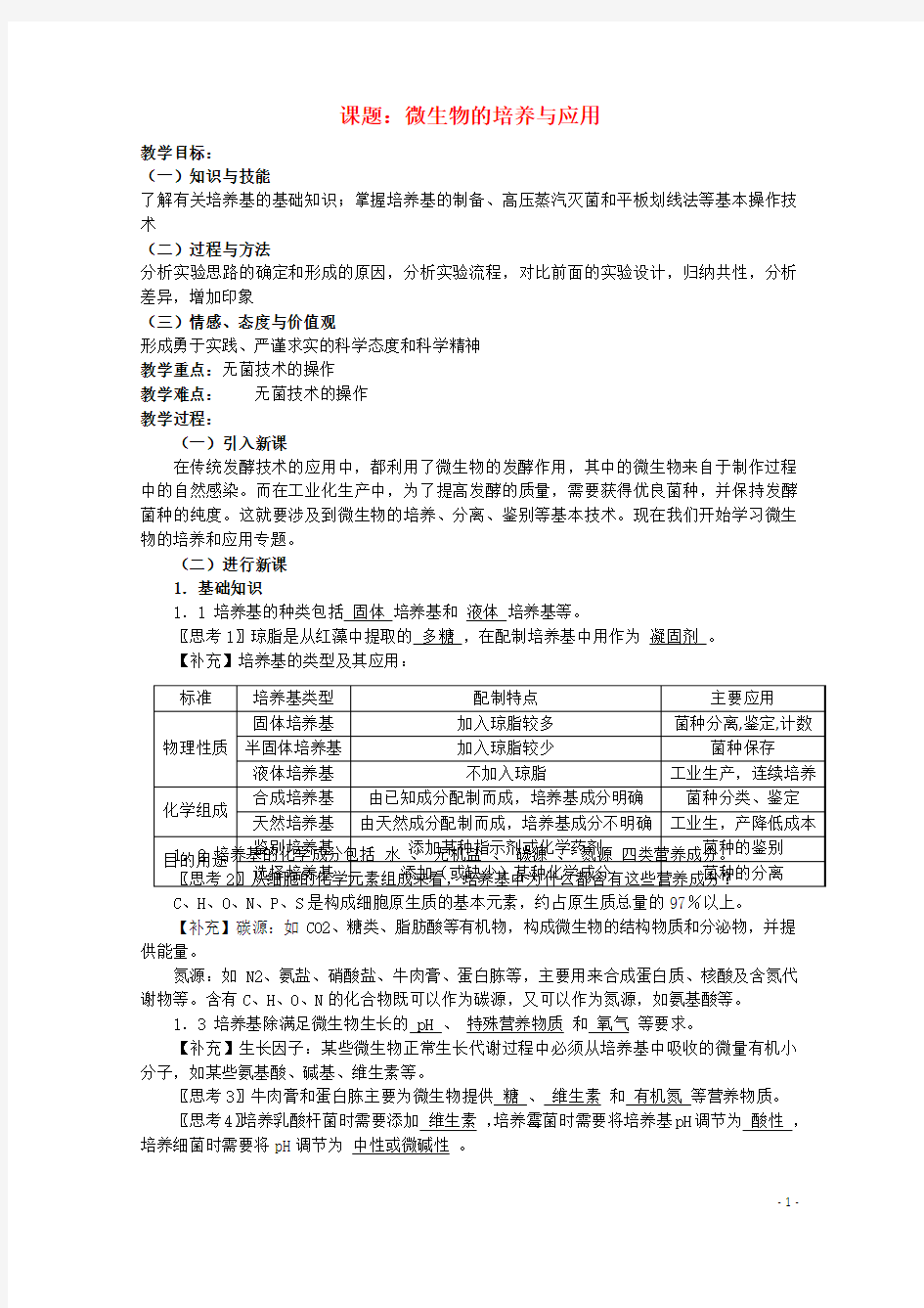 高中生物-专题2《微生物的培养与应用》教案(1)-新人教版选修1