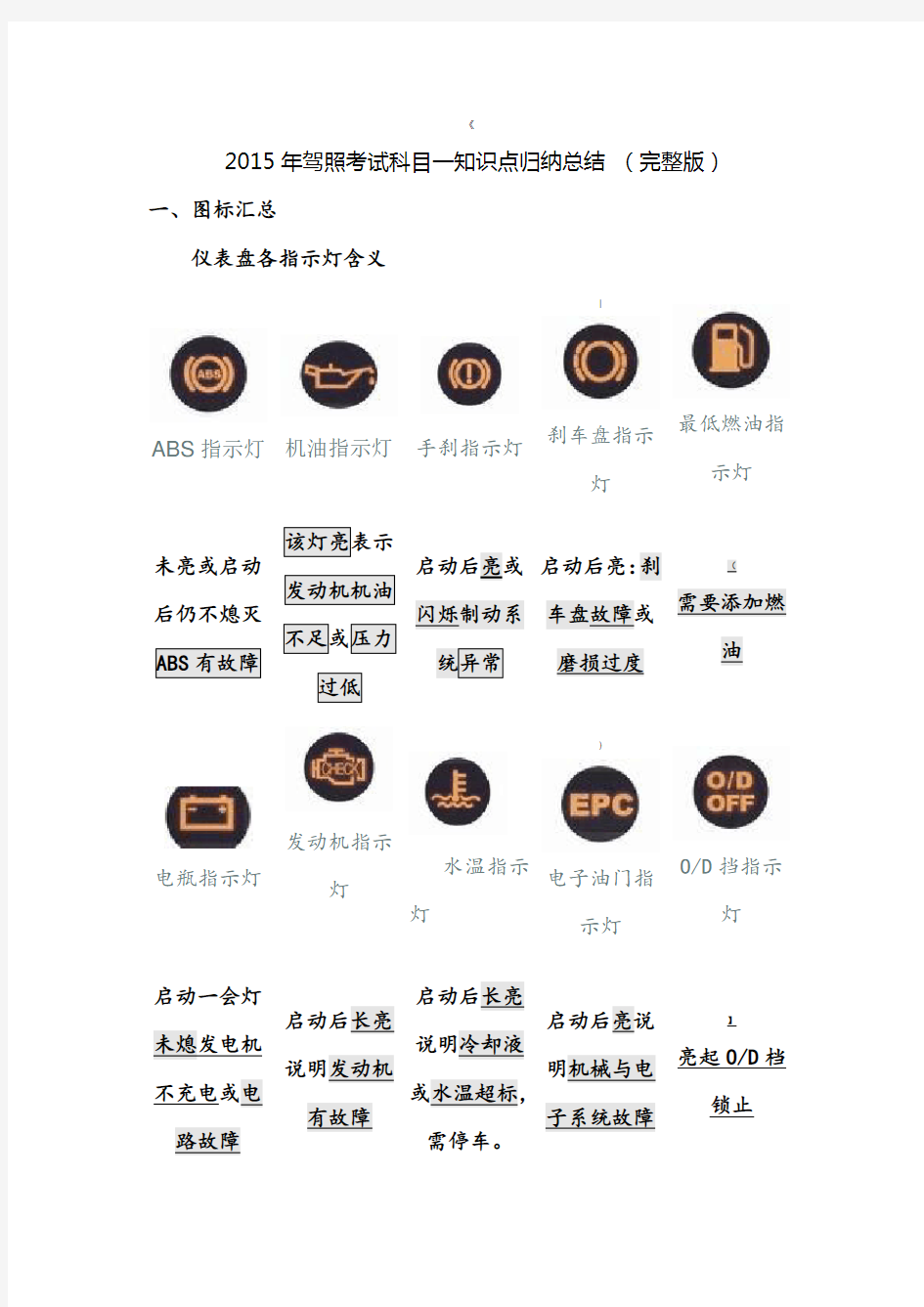 驾照考试科目一知识点归纳总结_(完整版)