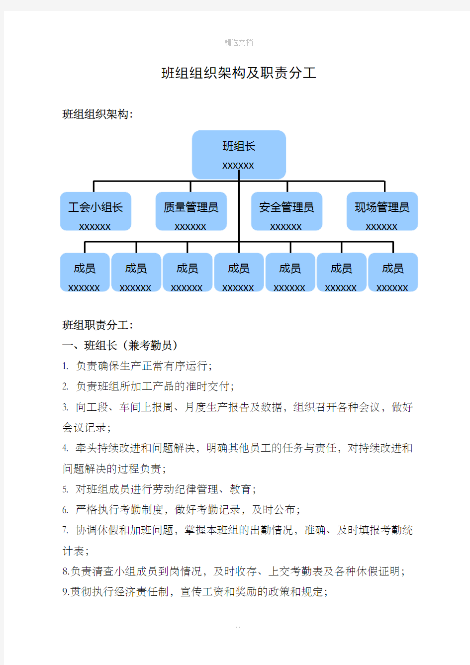 班组组织架构及职责分工