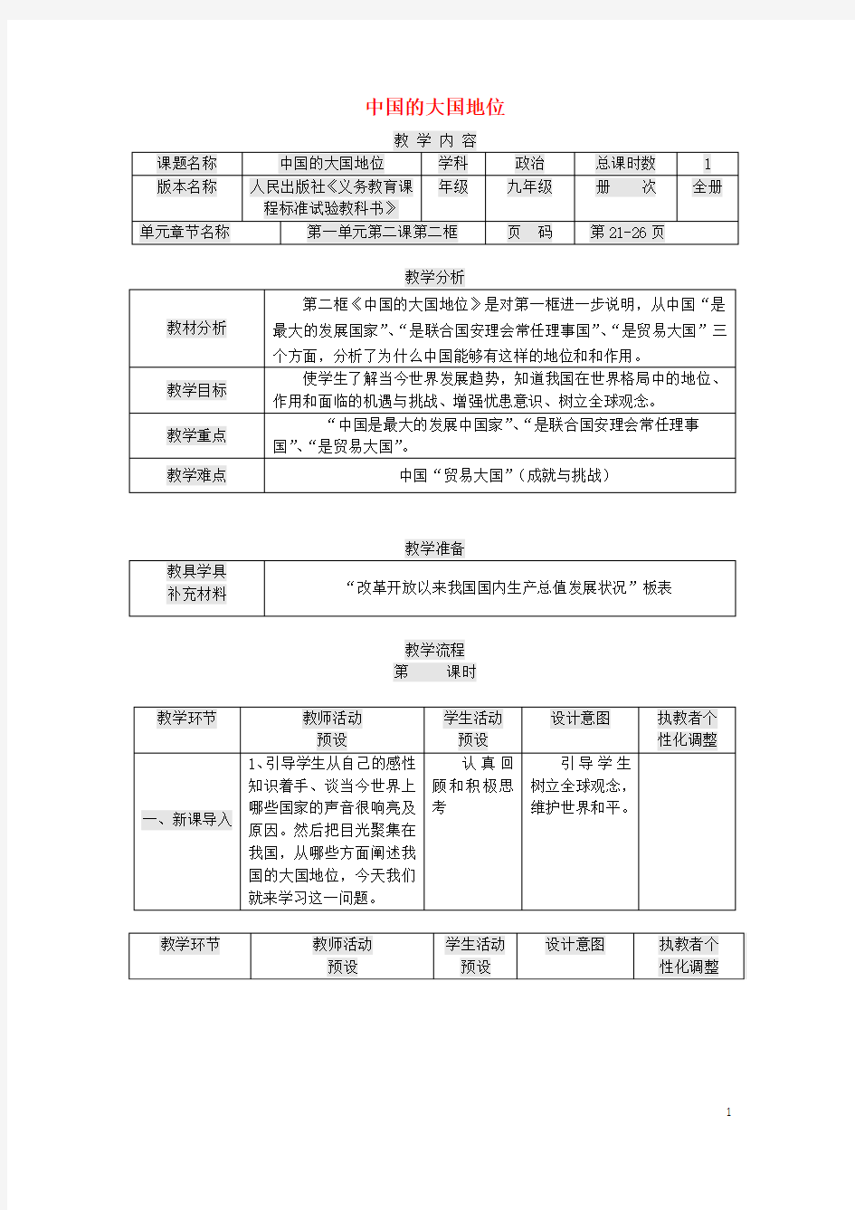 九年级政治全册第一单元世界大舞台第2课中国的声音中国的大国地位教案人民版
