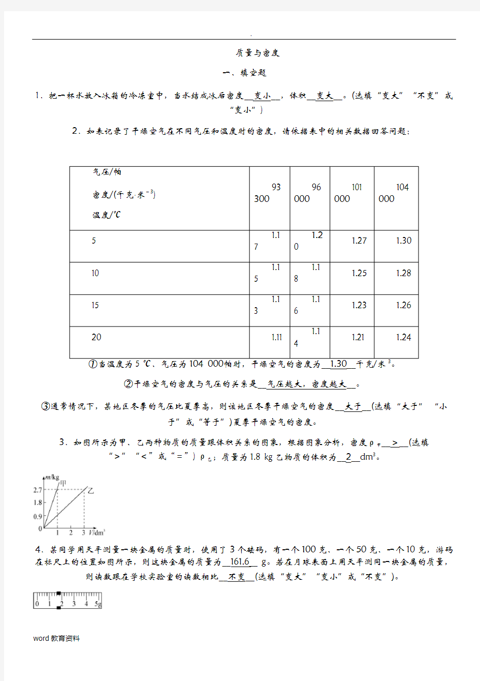 初中物理质量和密度中考精选试题含答案