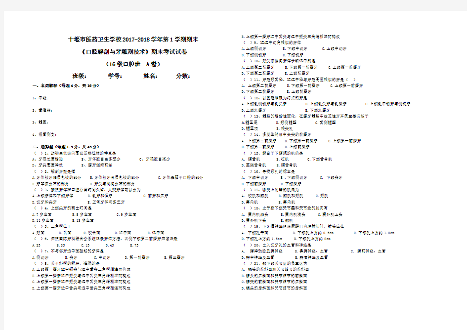 2017口腔解剖与牙雕刻技术A卷 (1)