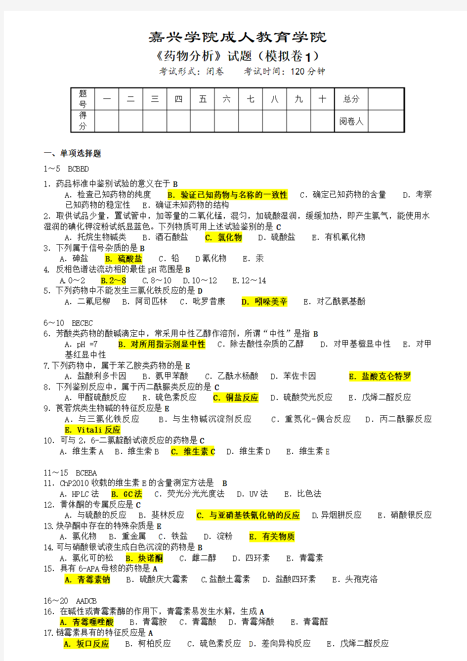 药学本科《药物分析》汇集习题与答案