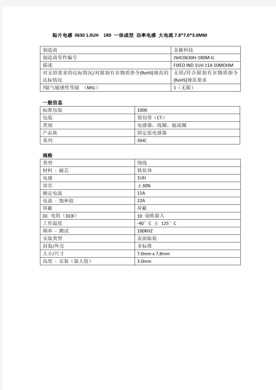 JSHC0630-1R0M 一体成型电感 产品参数