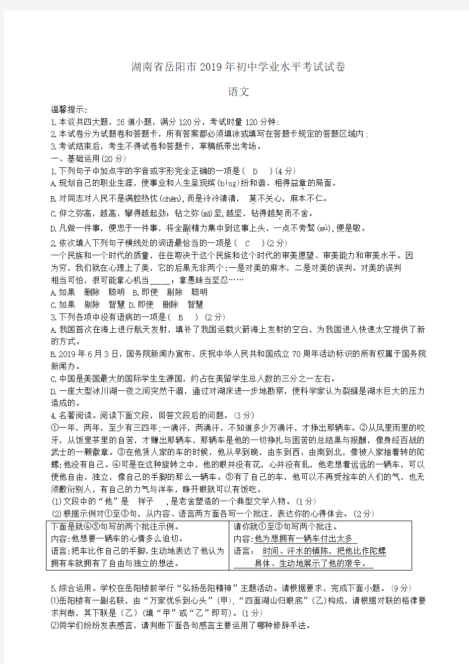 湖南省岳阳市2019年中考语文试卷(附答案)