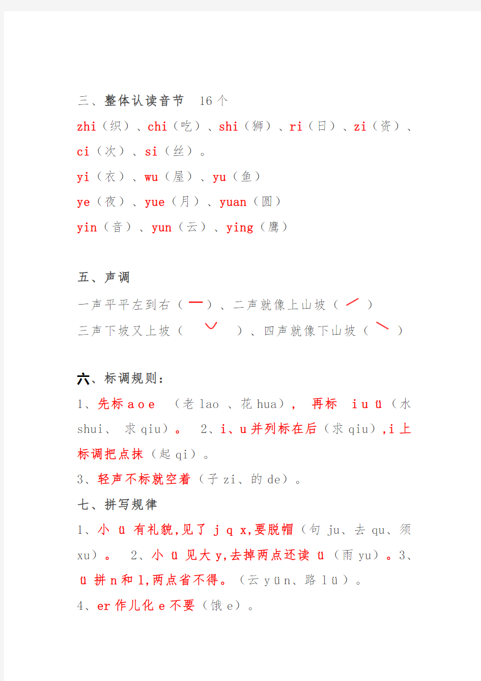 小学一年级汉语拼音知识大全(韵母+声母+标调规则+拼写规律)