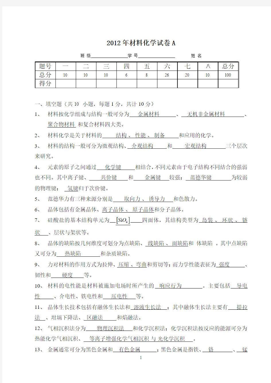 材料化学试卷汇总