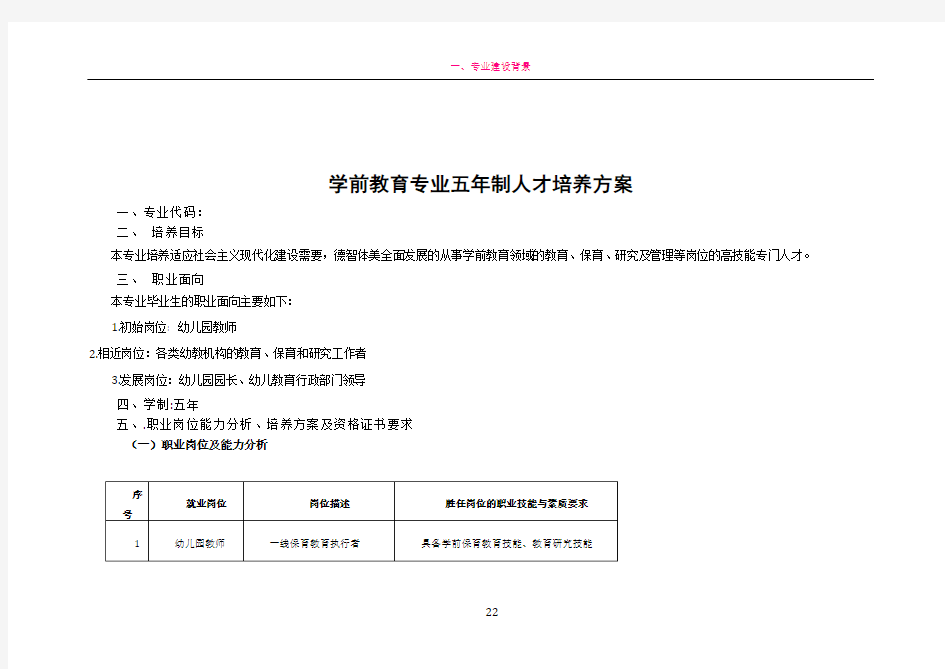 学前教育专业五年制人才培养方案