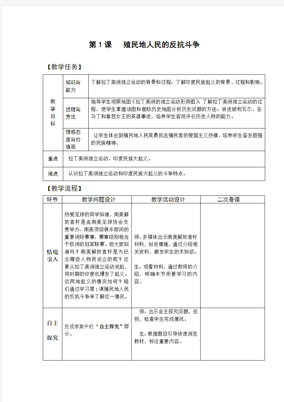 九年级历史下册-第1课  殖民地人民的反抗斗争【教案】