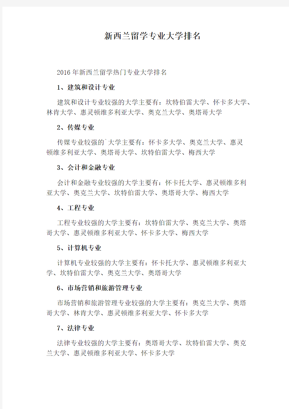 新西兰留学专业大学排名