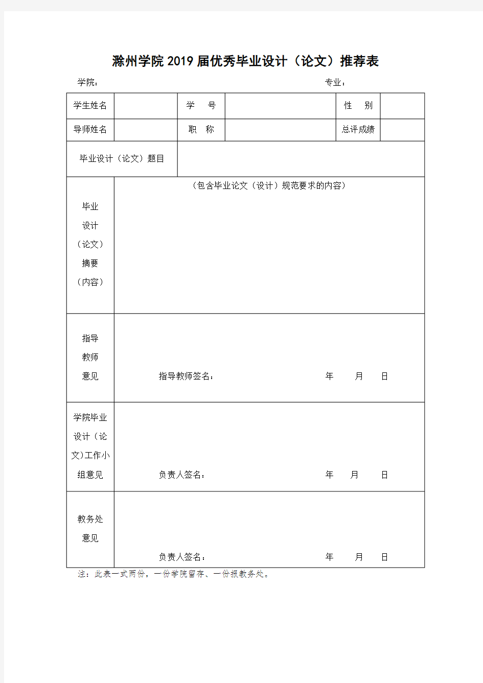 滁州学院2019届优秀毕业设计(论文)推荐表