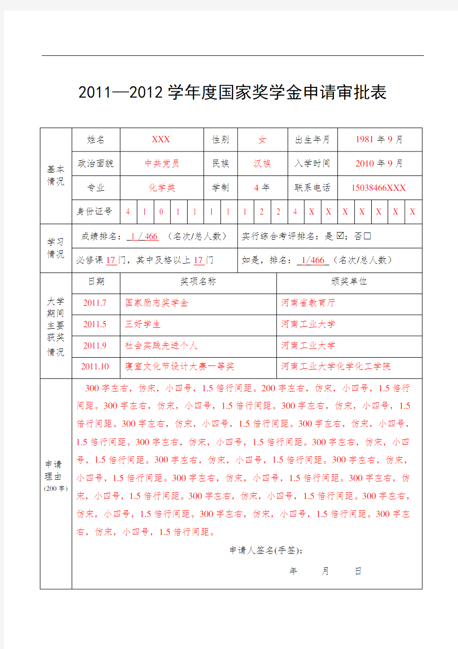 国家奖学金审批表(模板)