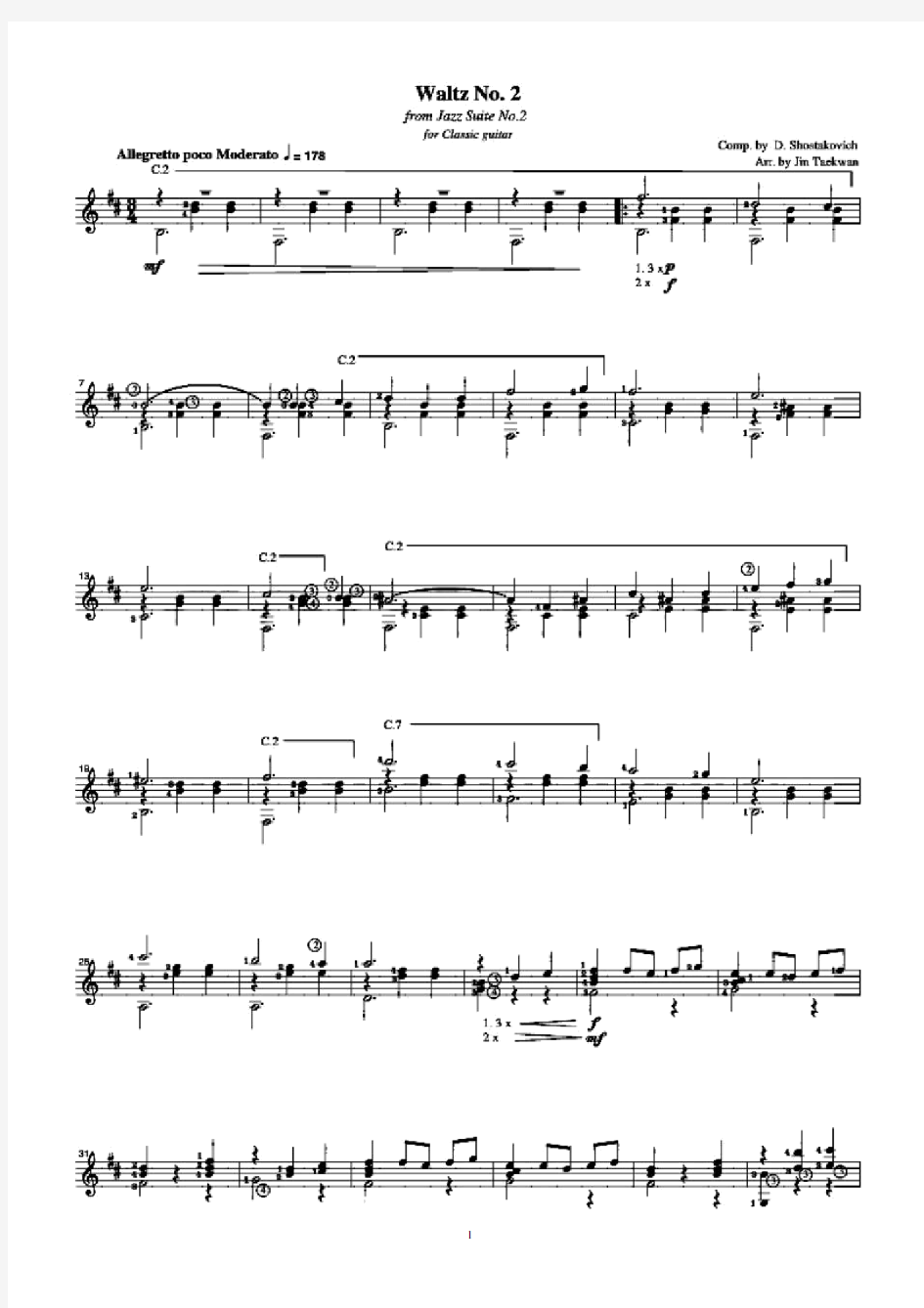 肖斯塔科维奇作品《第二号爵士组曲-第二圆舞曲》Waltz2;DmitryShostakovich(Tackwan古典吉他谱)
