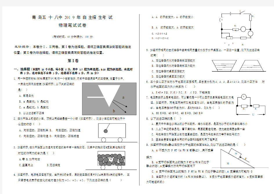 山东省青岛五十八中2019年自主招生考试物理笔试