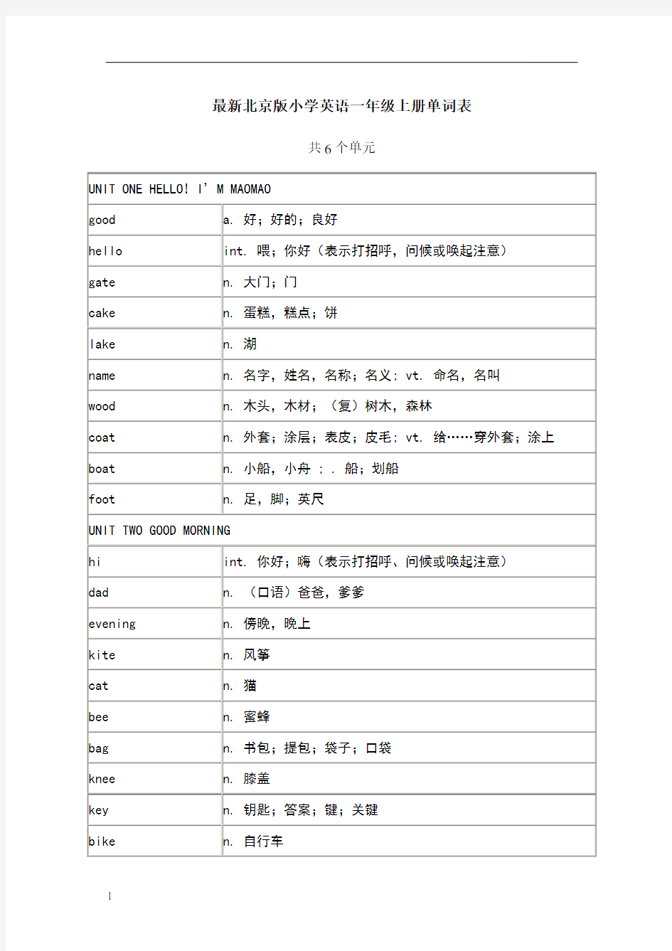 北京版小学英语一年级上册单词表