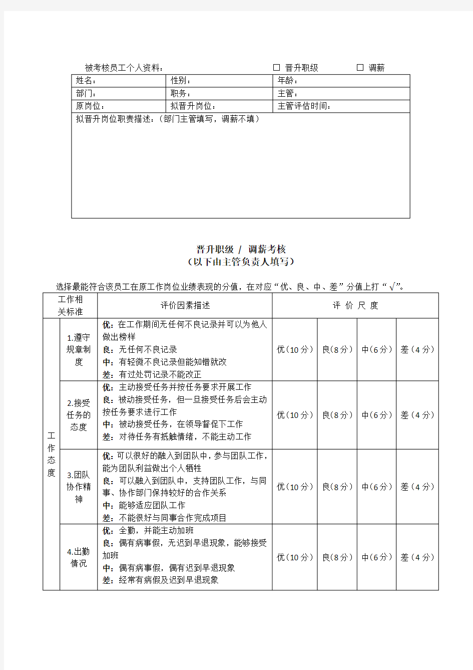 员工晋升职级调薪考核表教学文案