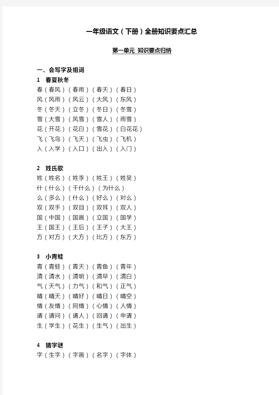 部编版小学一年级语文(下册)全册知识要点汇总【新】