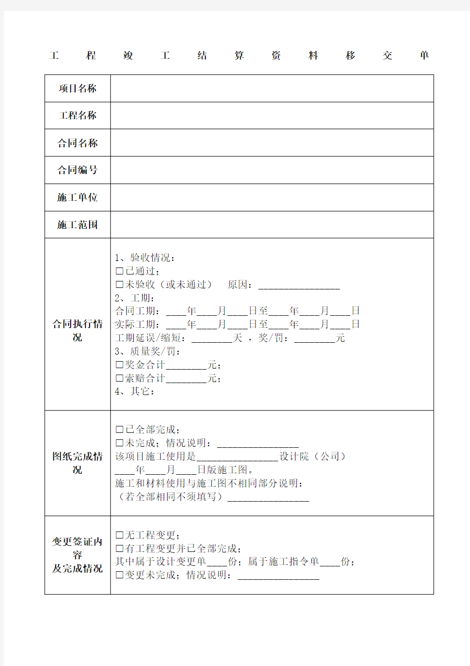 工程竣工移交清单