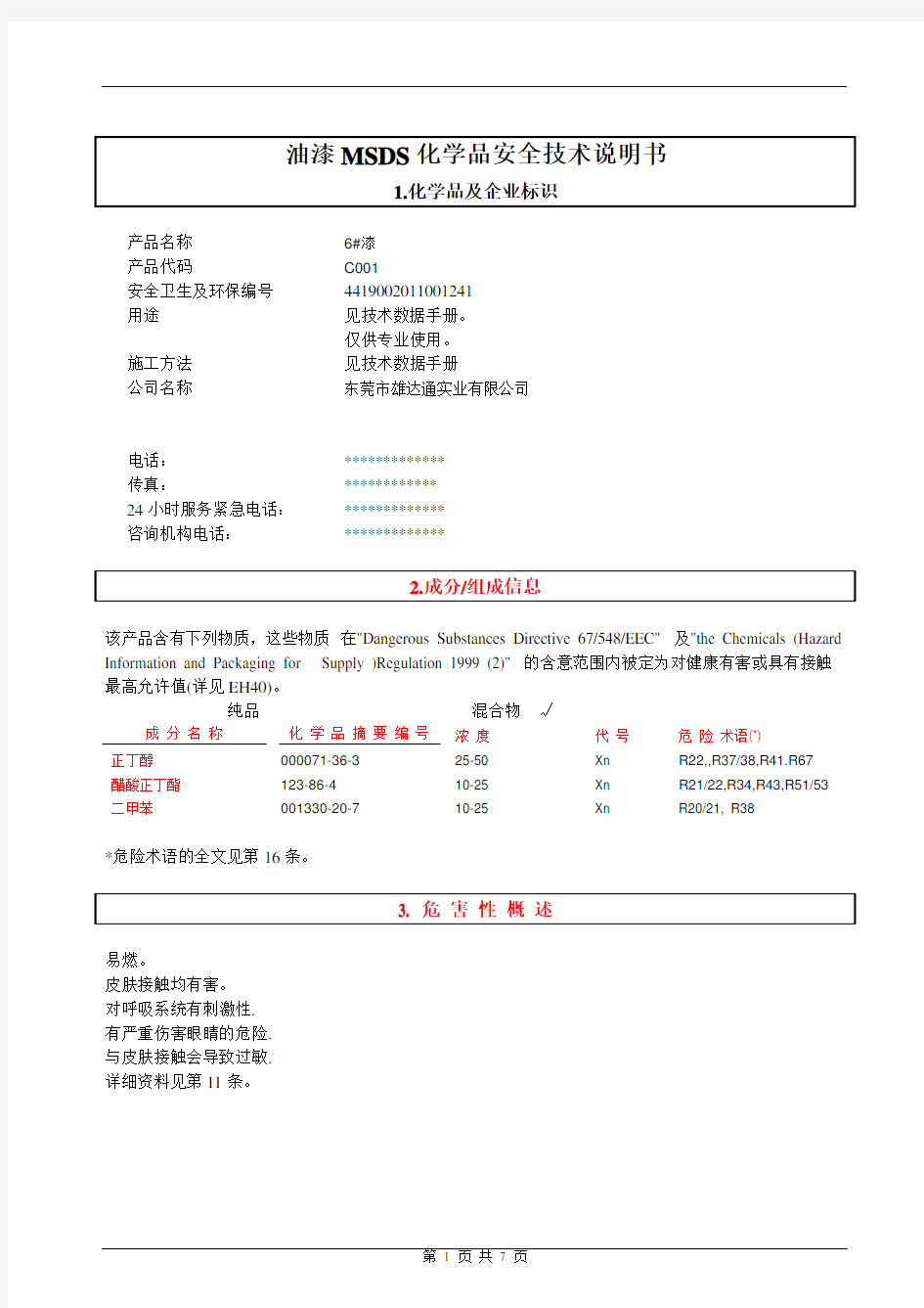 6#油漆MSDS化学品安全技术说明书