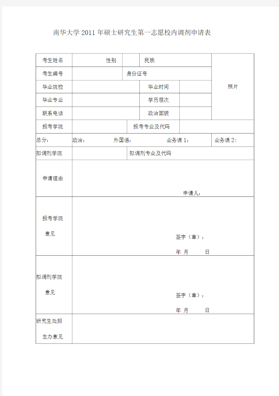 南华大学2011年硕士研究生第一志愿校内调剂申请表