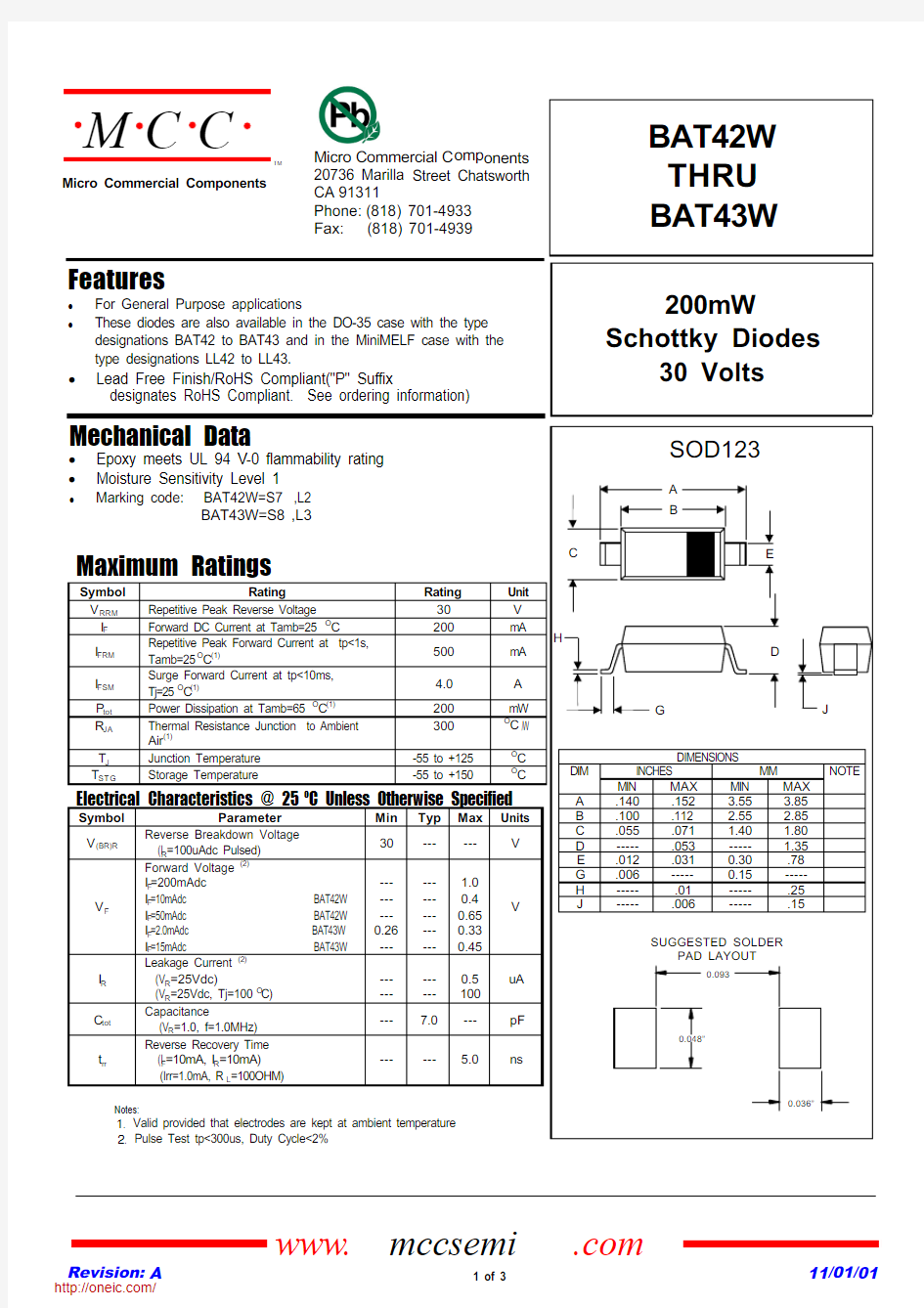 BAT42W-TP;BAT43W-TP;中文规格书,Datasheet资料