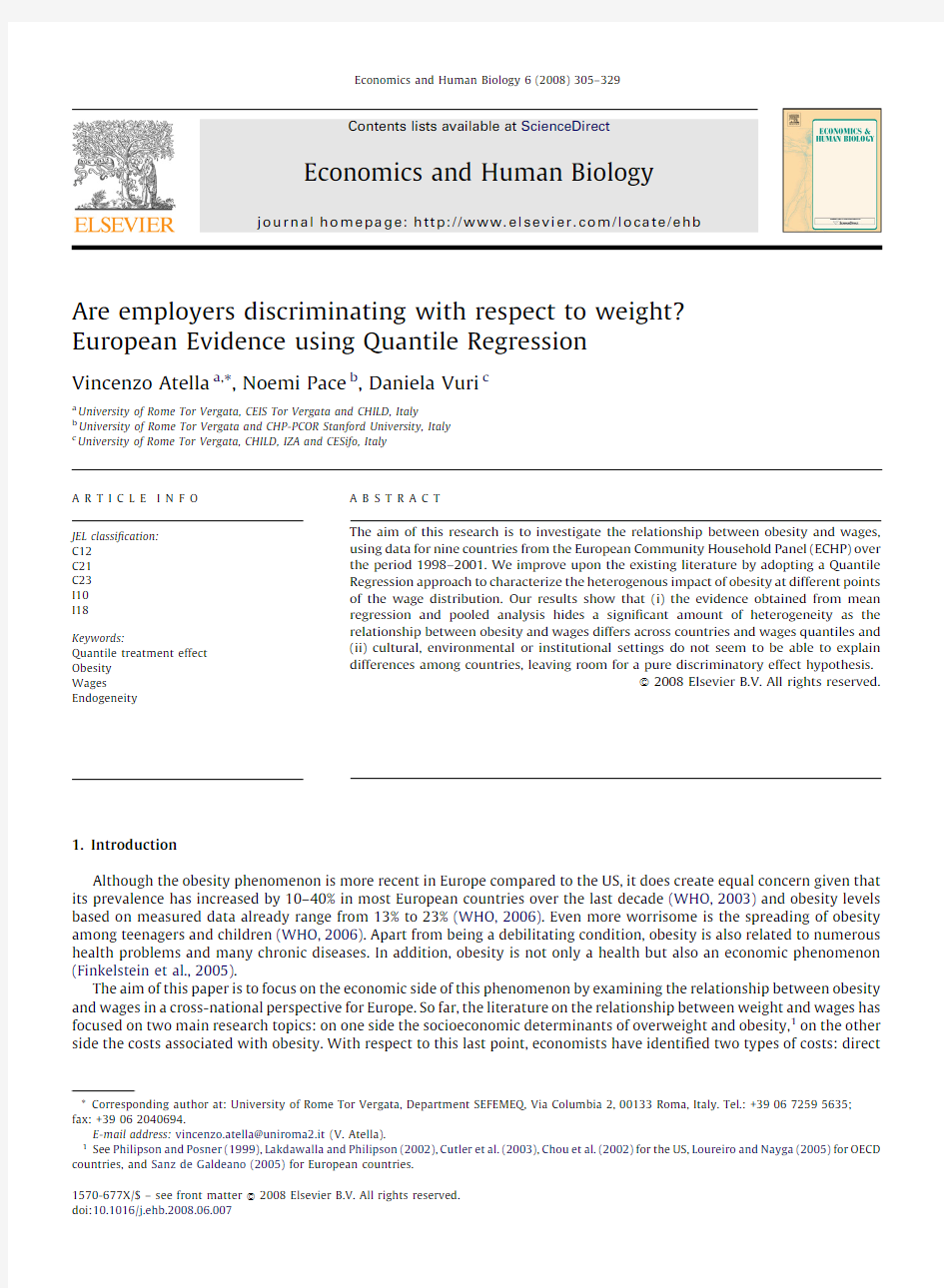 Are employers discriminating with respect to weight- European Evidence using Quantile Regression