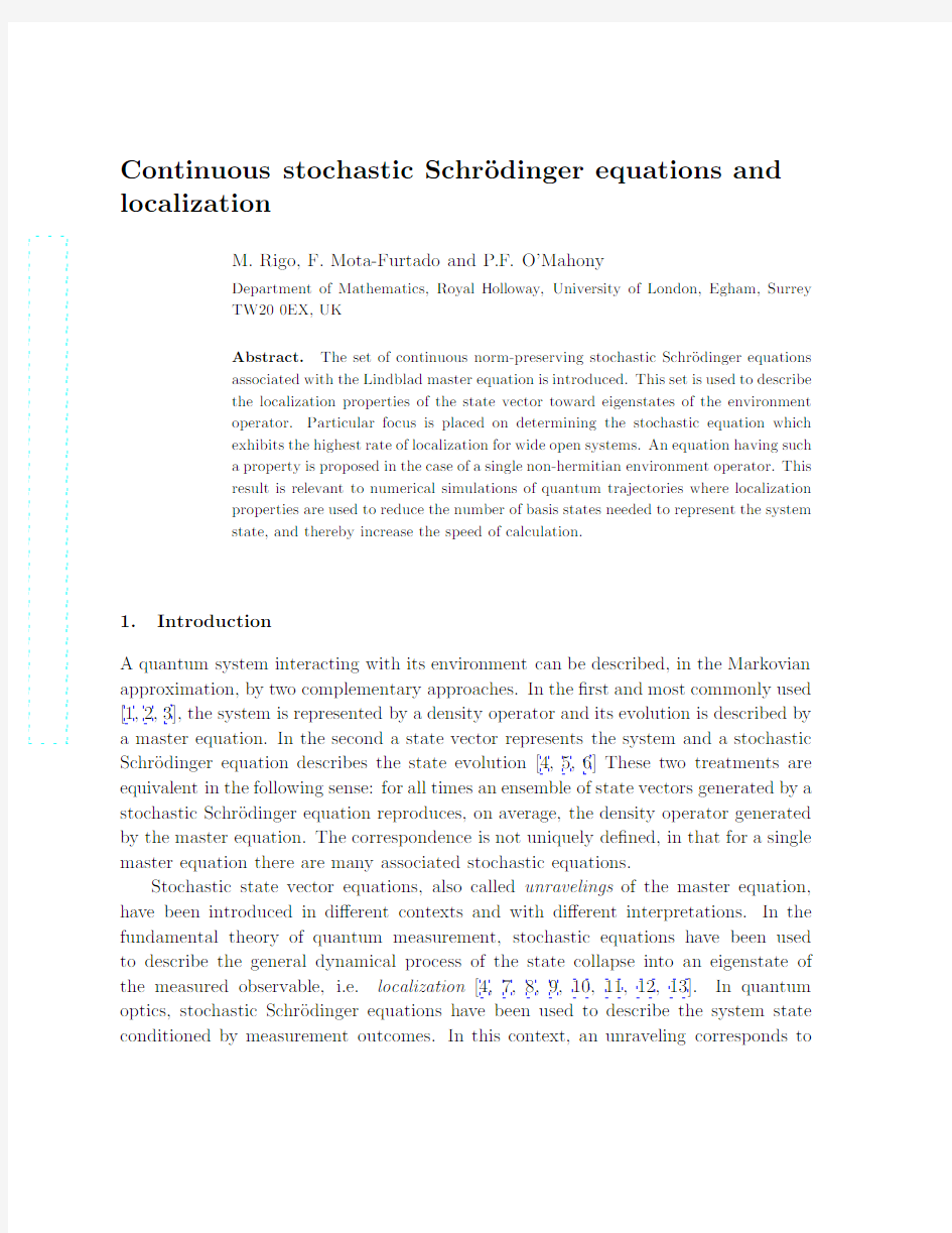 Continuous stochastic Schrodinger equations and localization