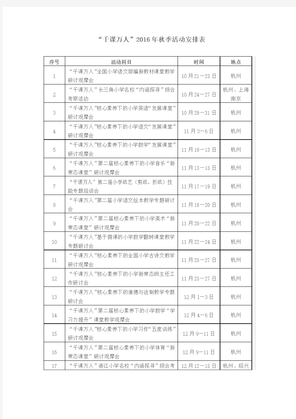 “千课万人”2016年秋季活动安排表