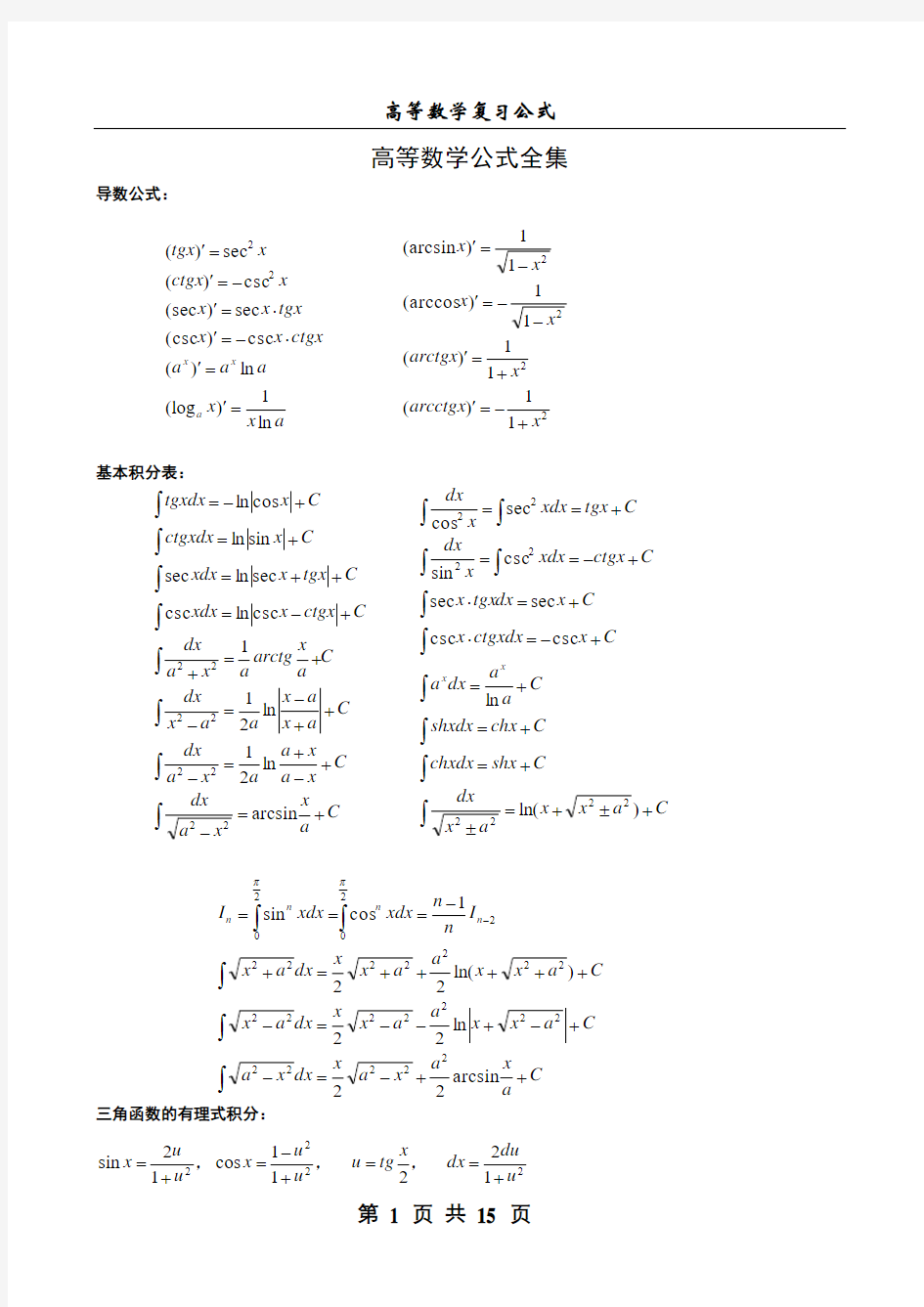 高等数学公式全集(免费下载)