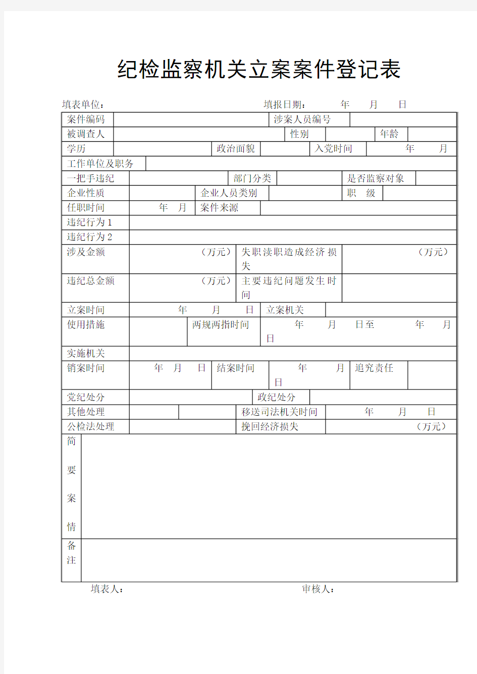 纪检监察机关立案案件登记表(新版)