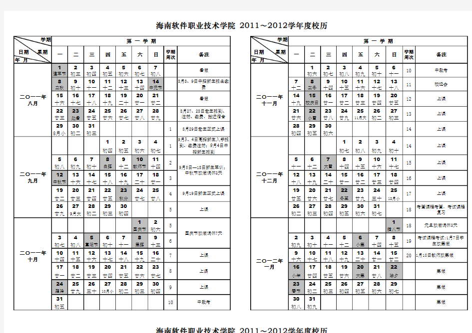 海南软件职业技术学院2011-2012学年度校历