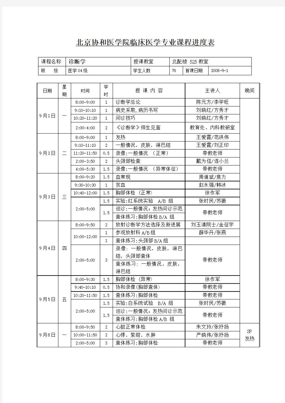 北京协和医学院临床医学专业课程进度表