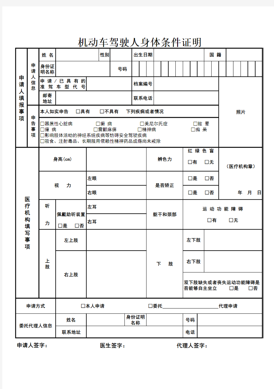 机动车驾驶人身体条件证明(正反两面)