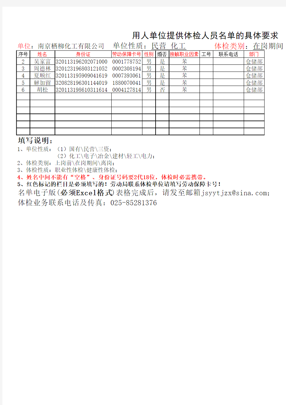 用人单位提供体检人员名单的具体要求