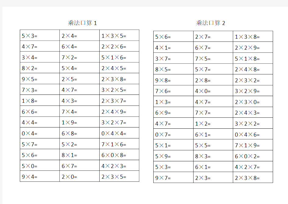 二年级上册乘法口算专项练习